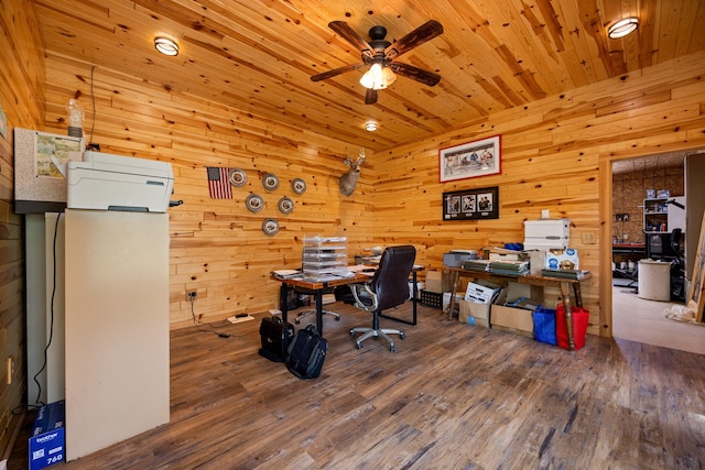 14250 Chippewa Trl, Johannesburg, MI 49751 - office featuring a ceiling fan, wood finished floors, wooden walls, and wood ceiling