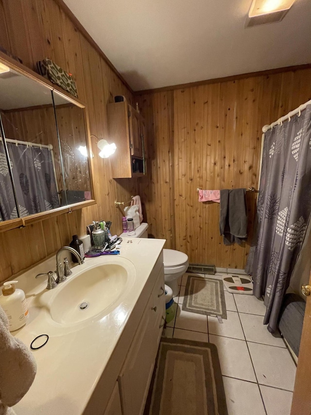 445 Noric Dr, Roscommon, MI 48653 - full bathroom featuring wooden walls, vanity, tile patterned flooring, toilet, and a shower with shower curtain