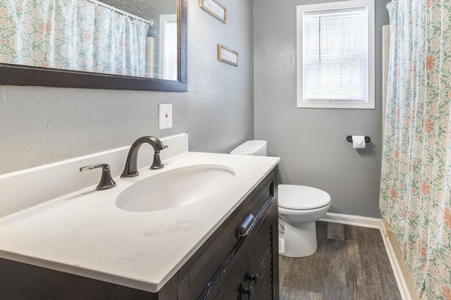 120 Seminole Trl, Roscommon, MI 48653 - full bathroom with wood finished floors, baseboards, toilet, vanity, and a shower with shower curtain