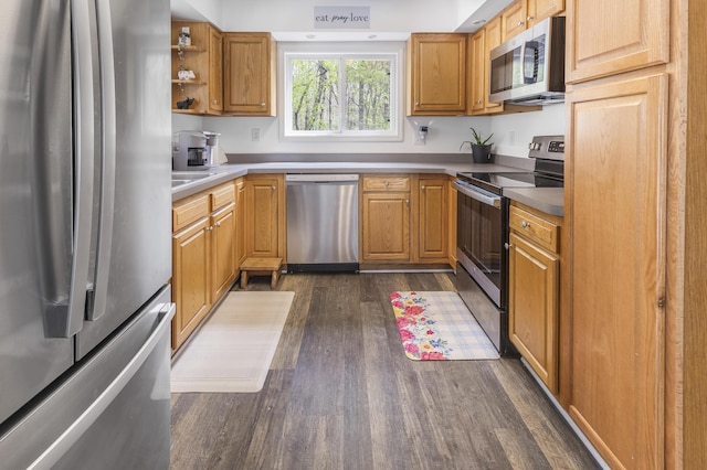 120 Seminole Trl, Roscommon, MI 48653 - kitchen with appliances with stainless steel finishes, dark wood-type flooring, and open shelves