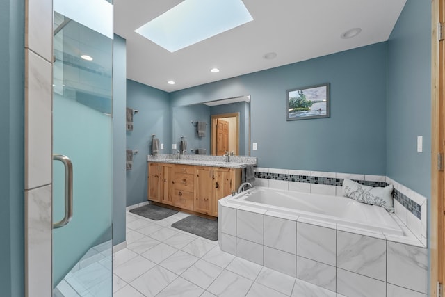 6801 Driftwood Cv, Saint Helen, MI 48656 - full bath with double vanity, a bath, a stall shower, tile patterned floors, and recessed lighting