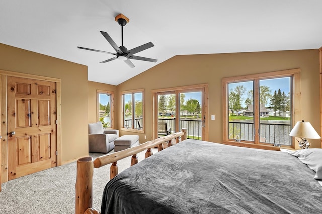 6801 Driftwood Cv, Saint Helen, MI 48656 - bedroom featuring access to outside, lofted ceiling, a water view, carpet, and a ceiling fan