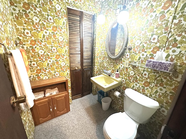 205 Beechwood Ave, Houghton Lake, MI 48629 - bathroom featuring wallpapered walls, toilet, and a sink