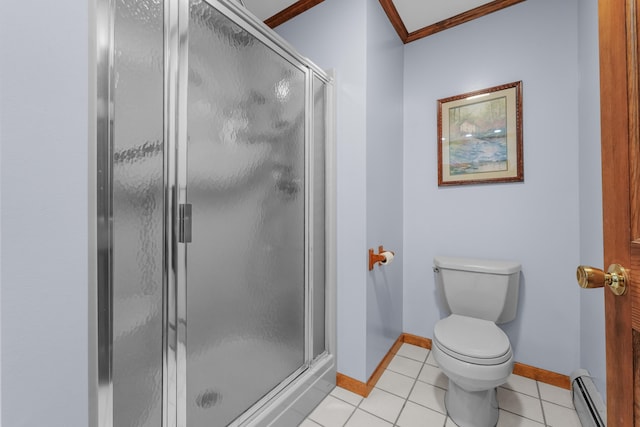 4285 Tower Hill Rd, Houghton Lake, MI 48629 - full bathroom with a baseboard heating unit, baseboards, a shower stall, toilet, and tile patterned floors