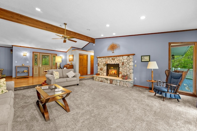 4285 Tower Hill Rd, Houghton Lake, MI 48629 - carpeted living room with a ceiling fan, baseboards, a fireplace, recessed lighting, and crown molding