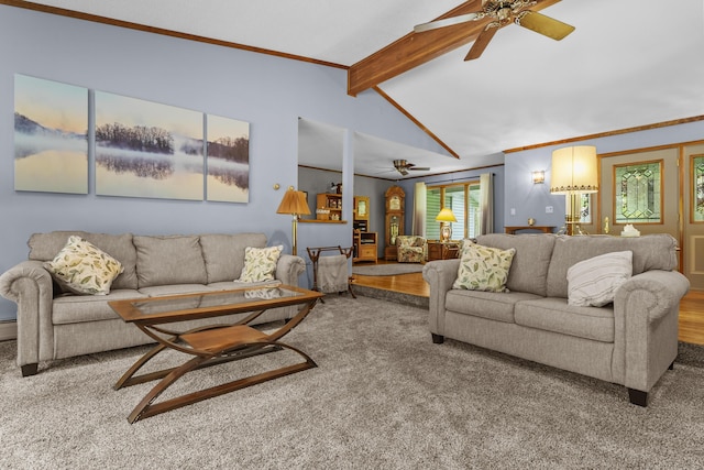 4285 Tower Hill Rd, Houghton Lake, MI 48629 - living room with ceiling fan, carpet, and wood finished floors