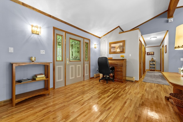 4285 Tower Hill Rd, Houghton Lake, MI 48629 - office with light wood-type flooring, a baseboard heating unit, crown molding, lofted ceiling, and baseboards