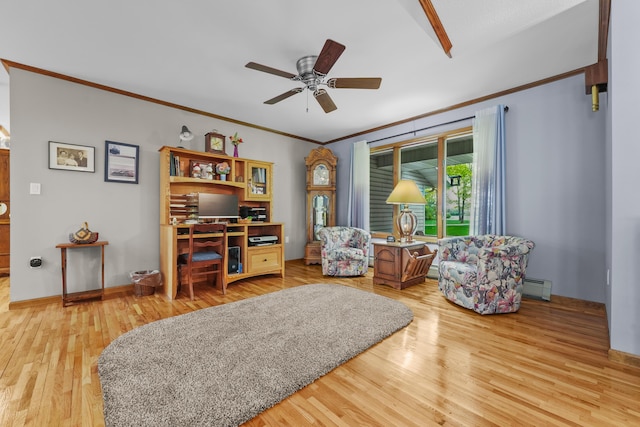4285 Tower Hill Rd, Houghton Lake, MI 48629 - office area featuring baseboard heating, light wood-style flooring, a ceiling fan, ornamental molding, and baseboards