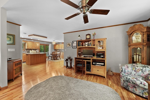 4285 Tower Hill Rd, Houghton Lake, MI 48629 - living area featuring a ceiling fan, ornamental molding, light wood finished floors, recessed lighting, and baseboards