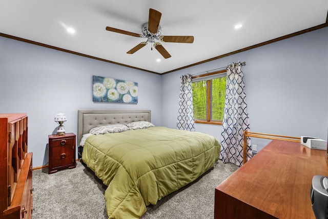 4285 Tower Hill Rd, Houghton Lake, MI 48629 - bedroom featuring ornamental molding, carpet floors, recessed lighting, a ceiling fan, and baseboards