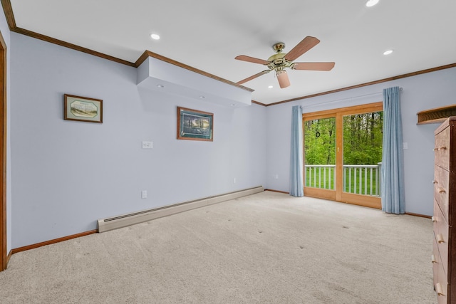 4285 Tower Hill Rd, Houghton Lake, MI 48629 - carpeted empty room with a baseboard radiator, ornamental molding, baseboards, recessed lighting, and ceiling fan
