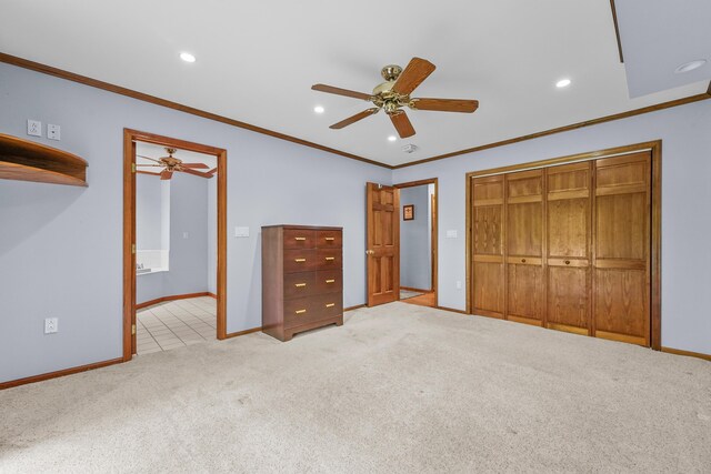 4285 Tower Hill Rd, Houghton Lake, MI 48629 - unfurnished bedroom with carpet, recessed lighting, baseboards, crown molding, and a ceiling fan