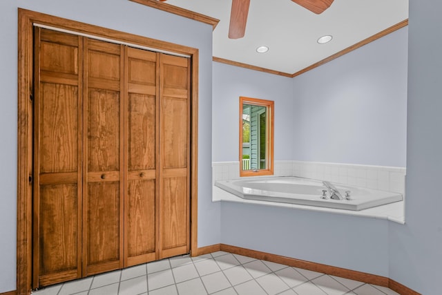 4285 Tower Hill Rd, Houghton Lake, MI 48629 - bathroom featuring ornamental molding, a bath, ceiling fan, baseboards, and recessed lighting