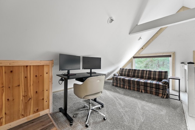 7028 Merrio Rd, Grayling, MI 49738 - home office with lofted ceiling, wood finished floors, and carpet