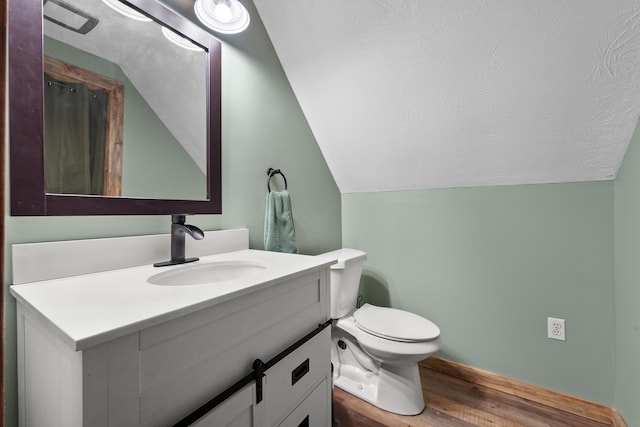 7028 Merrio Rd, Grayling, MI 49738 - bathroom featuring lofted ceiling, wood finished floors, vanity, toilet, and a textured ceiling