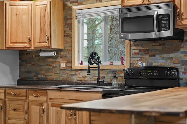 7028 Merrio Rd, Grayling, MI 49738 - kitchen featuring stainless steel microwave, a sink, tasteful backsplash, black / electric stove, and dark countertops