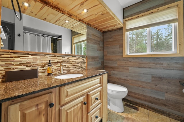 7028 Merrio Rd, Grayling, MI 49738 - full bath with wood walls, toilet, tasteful backsplash, vanity, and wood ceiling