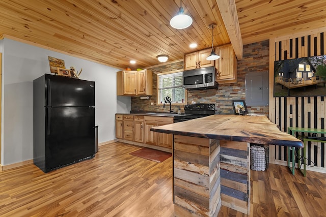 7028 Merrio Rd, Grayling, MI 49738 - kitchen featuring black appliances, a sink, wood ceiling, light wood-type flooring, and backsplash