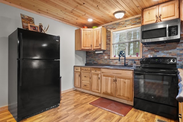 7028 Merrio Rd, Grayling, MI 49738 - kitchen with black appliances, a sink, wooden ceiling, dark countertops, and tasteful backsplash