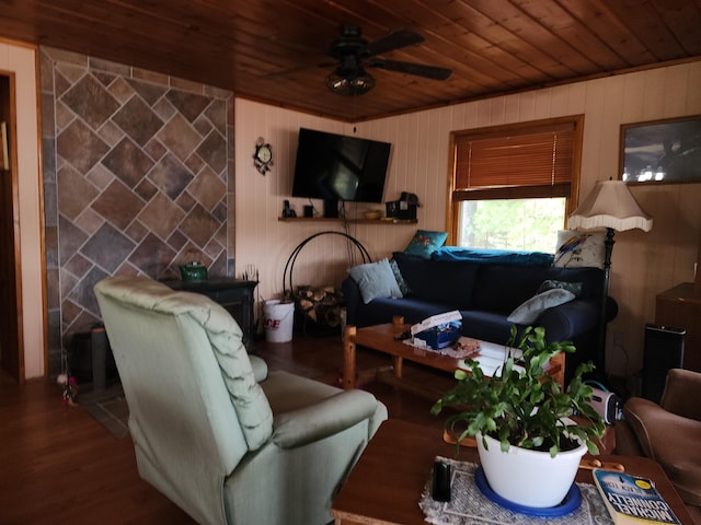 7305 Chain Lake Dr, South Branch, MI 48761 - living room featuring wood ceiling, wood finished floors, ceiling fan, and wood walls