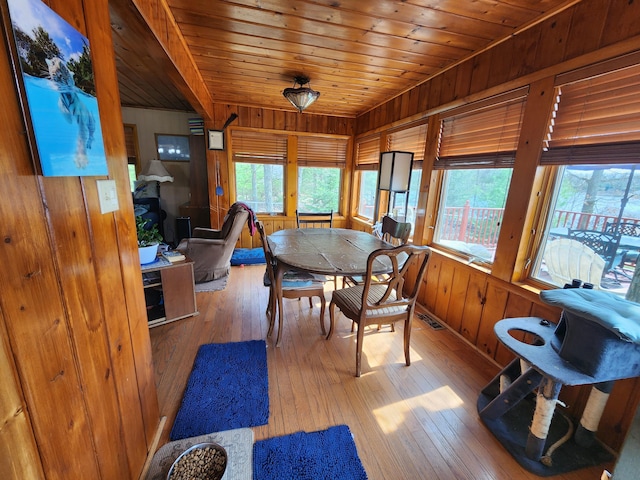 7305 Chain Lake Dr, South Branch, MI 48761 - dining area featuring wooden walls, wood-type flooring, and wooden ceiling