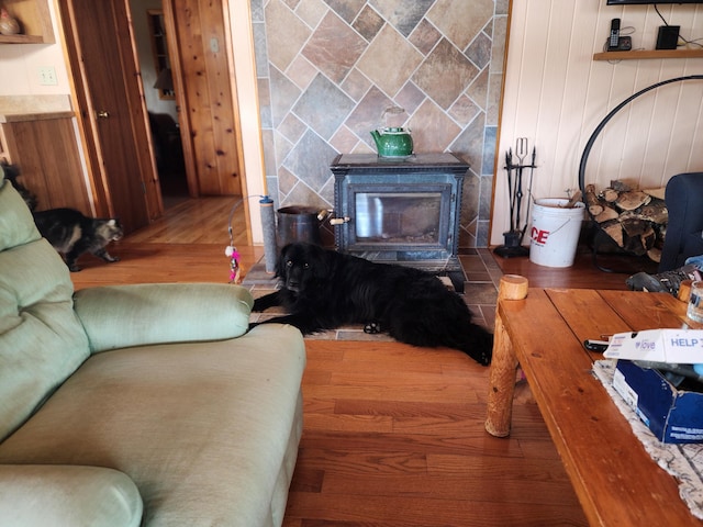 7305 Chain Lake Dr, South Branch, MI 48761 - living room featuring wood finished floors and a wood stove