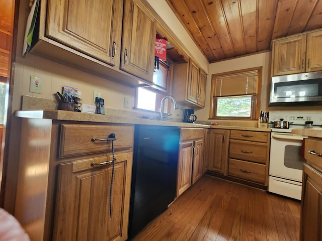 7305 Chain Lake Dr, South Branch, MI 48761 - kitchen featuring stainless steel microwave, white range with electric stovetop, black dishwasher, brown cabinets, and wooden ceiling