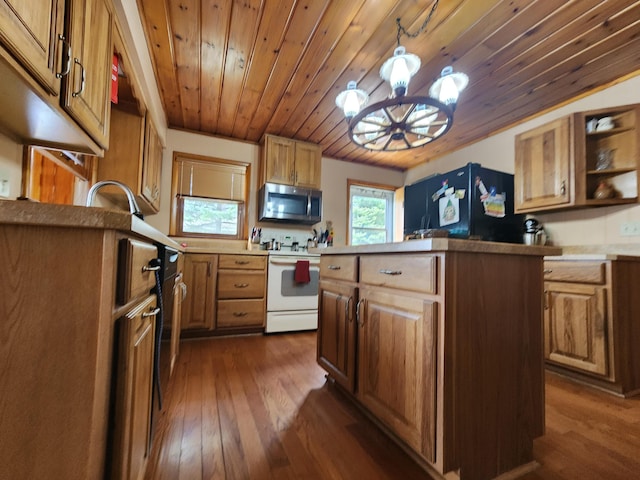 7305 Chain Lake Dr, South Branch, MI 48761 - kitchen featuring white electric stove, stainless steel microwave, dark wood-style floors, a chandelier, and wood ceiling