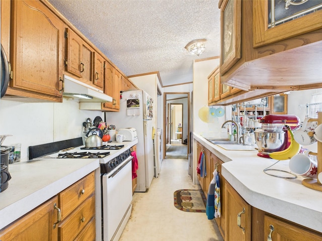 730 SE Cool Rd, Kalkaska, MI 49646 - kitchen featuring white gas range, a sink, under cabinet range hood, a textured ceiling, and light countertops