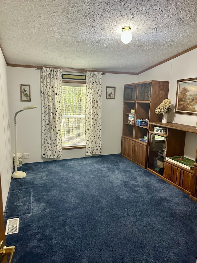 10162 Regimental Way, Grayling, MI 49738 - unfurnished living room featuring carpet flooring, ornamental molding, and a textured ceiling