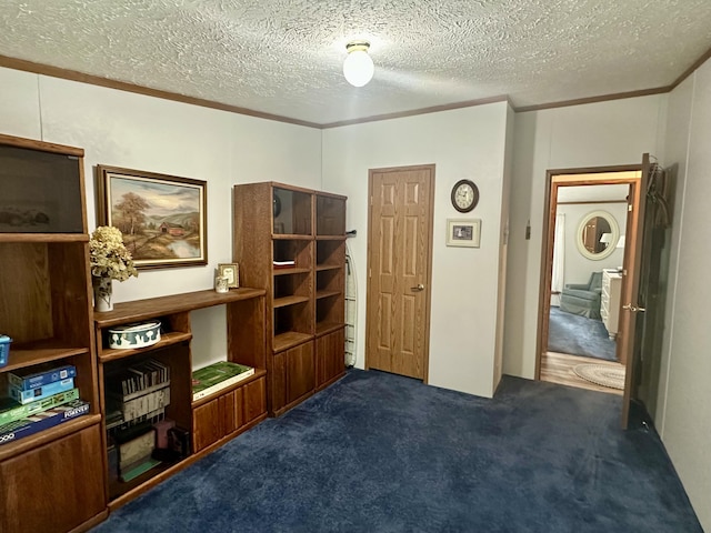 10162 Regimental Way, Grayling, MI 49738 - living area featuring carpet, ornamental molding, and a textured ceiling