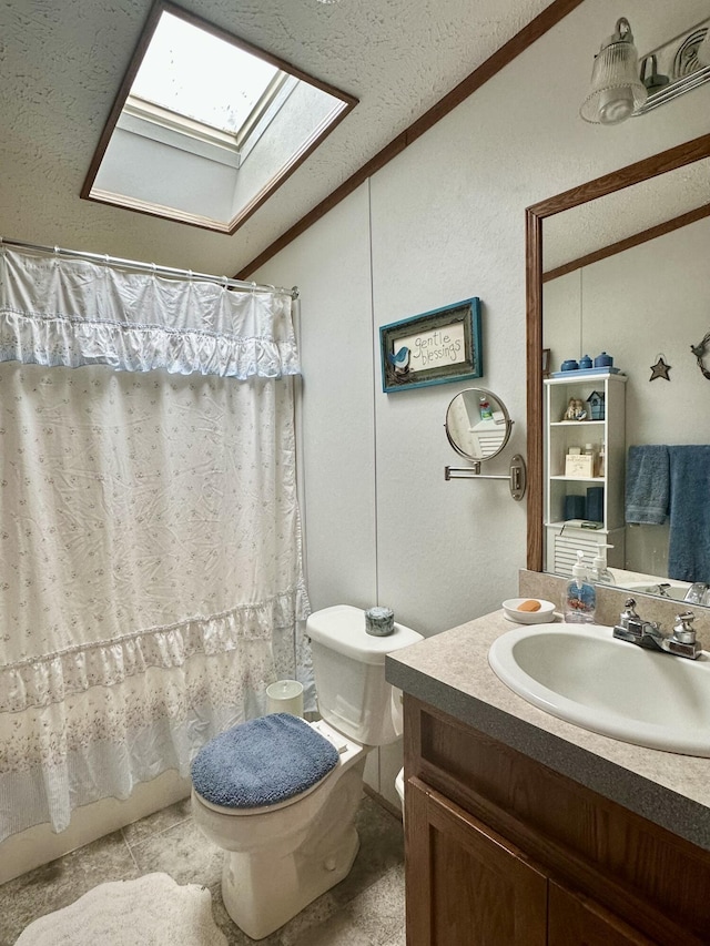 10162 Regimental Way, Grayling, MI 49738 - bathroom featuring lofted ceiling, a skylight, vanity, toilet, and curtained shower