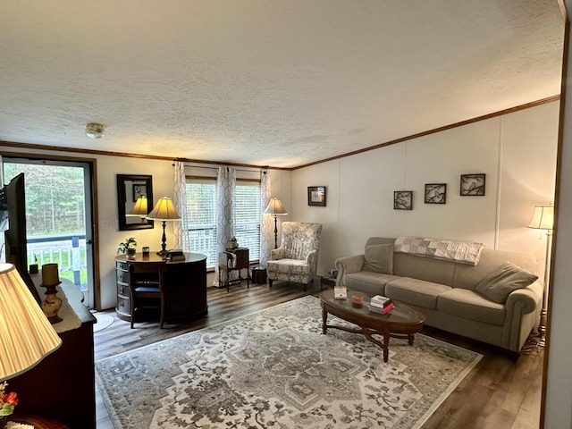 10162 Regimental Way, Grayling, MI 49738 - living room with crown molding, wood finished floors, and vaulted ceiling