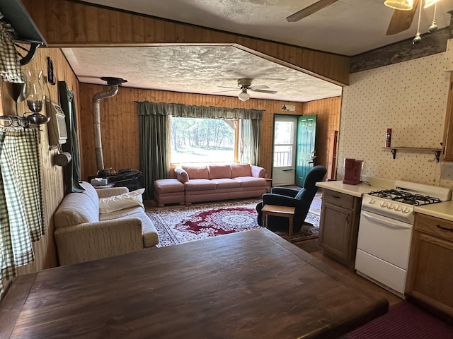 269 Dixson Dr, Grayling, MI 49738 - living room featuring ceiling fan, a wood stove, wood walls, and a textured ceiling