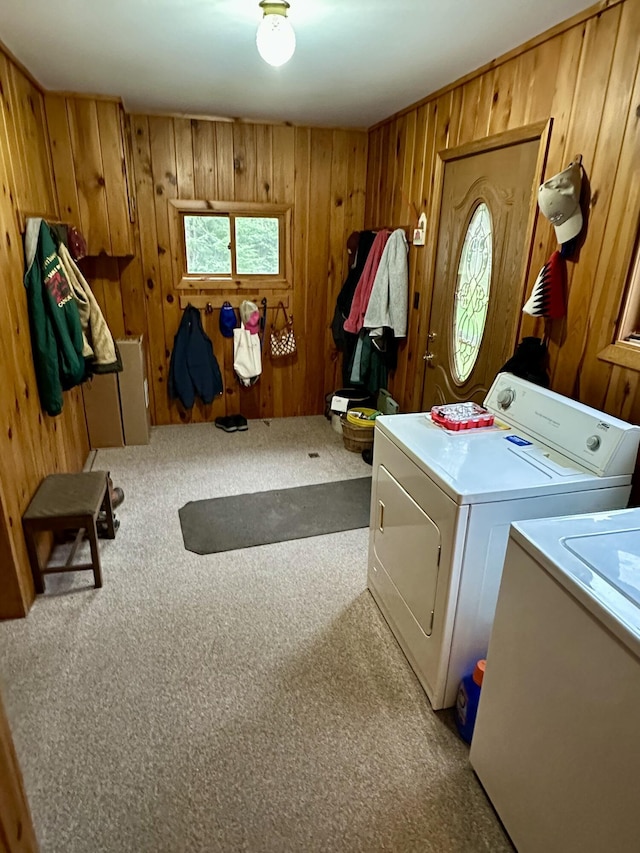370 W Park Dr, Grayling, MI 49738 - laundry room with washer and dryer, wooden walls, and carpet floors