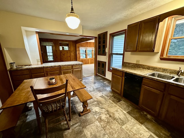 370 W Park Dr, Grayling, MI 49738 - kitchen featuring black dishwasher, a sink, dark stone finish flooring, pendant lighting, and wood walls