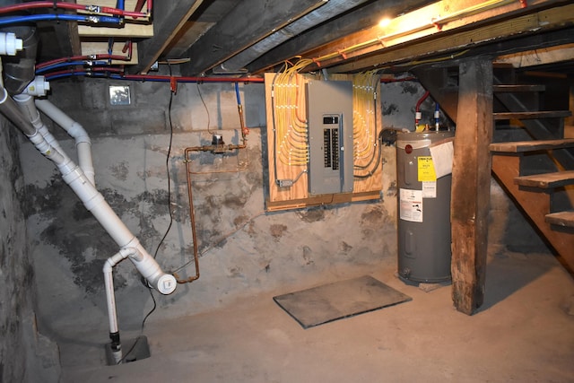 1131 Emmet St, Petoskey, MI 49770 - unfinished basement with electric panel, electric water heater, and stairway