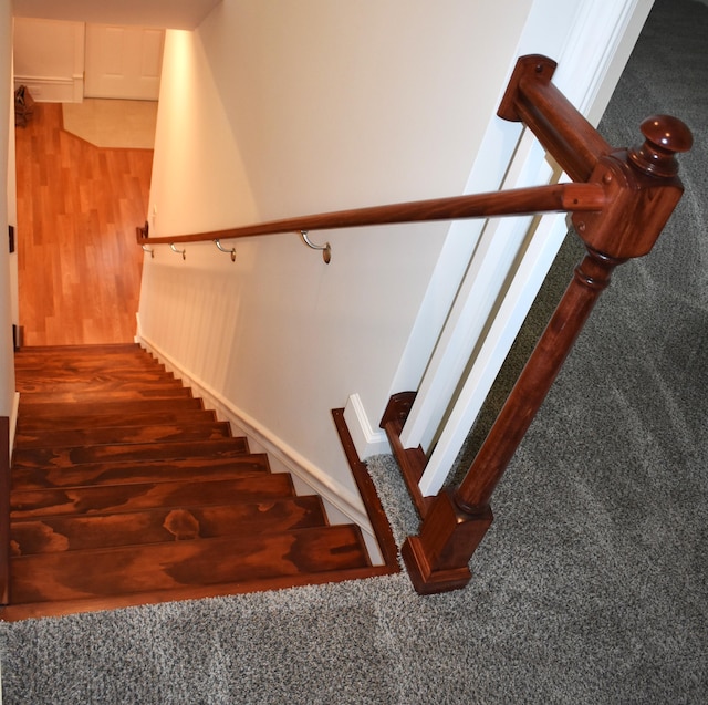 1131 Emmet St, Petoskey, MI 49770 - staircase featuring baseboards, wood finished floors, and carpet floors