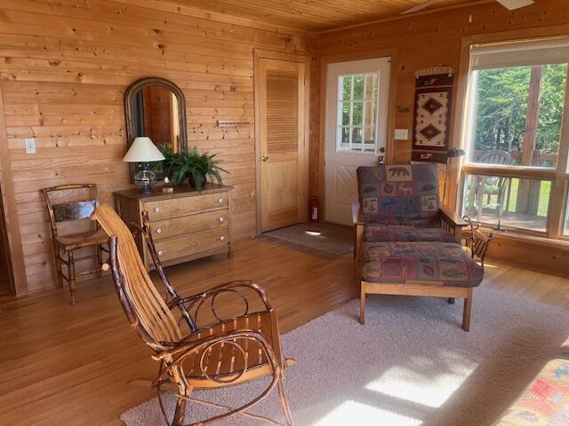 3199 S Lake Shore Dr, Bois Blanc, MI 49775 - living area with wooden walls, healthy amount of natural light, light wood-type flooring, and wood ceiling