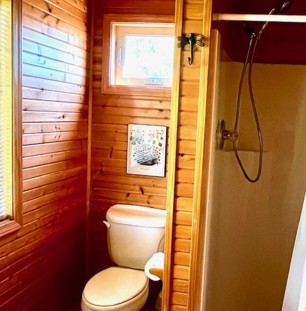 3199 S Lake Shore Dr, Bois Blanc, MI 49775 - bathroom with a stall shower, toilet, and wooden walls