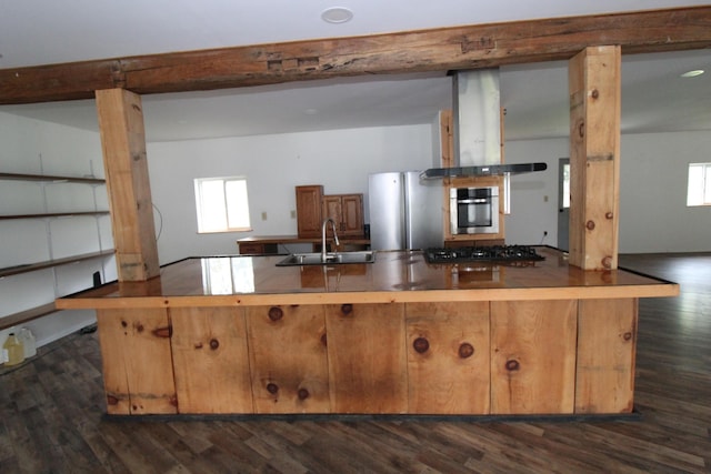 7844 Gilbert Trl, Grayling, MI 49738 - kitchen with a sink, appliances with stainless steel finishes, island exhaust hood, and dark wood finished floors