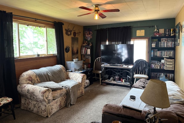 212 Scott St, Grayling, MI 49738 - carpeted living room featuring a ceiling fan