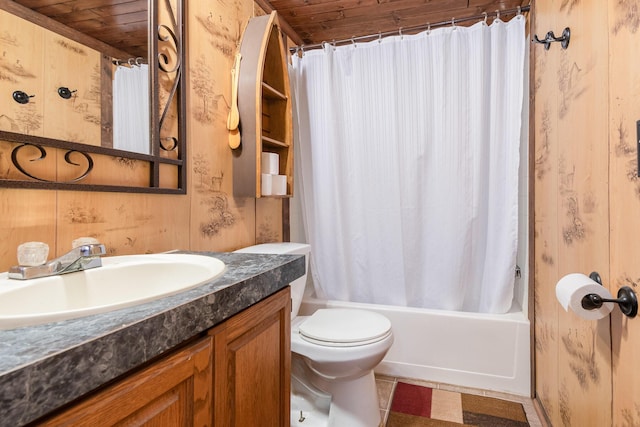 3357 E N Down River Rd, Grayling, MI 49738 - bathroom featuring wooden ceiling, vanity, toilet, shower / bathtub combination with curtain, and tile patterned flooring