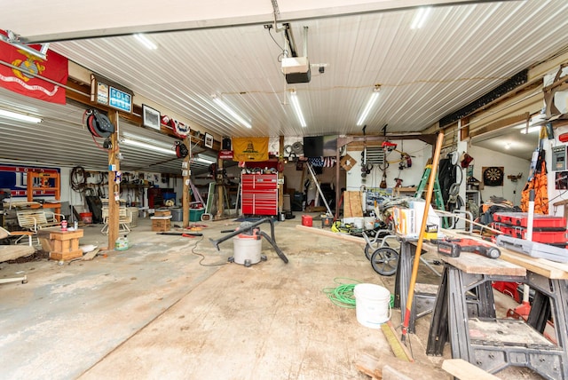 3357 E N Down River Rd, Grayling, MI 49738 - garage with a workshop area and a garage door opener