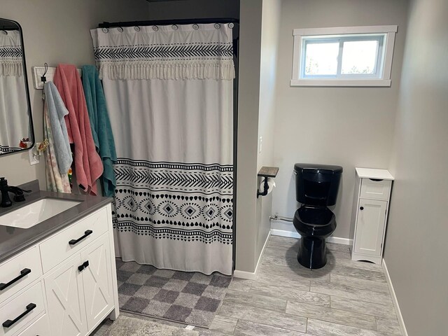 7557 Loop Rd, Posen, MI 49776 - bathroom featuring vanity, toilet, baseboards, and a shower with curtain