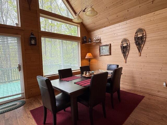 9841 Wheeler Rd, Roscommon, MI 48653 - dining area featuring high vaulted ceiling, wood walls, plenty of natural light, wood finished floors, and wooden ceiling