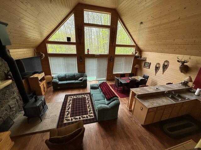 9841 Wheeler Rd, Roscommon, MI 48653 - living room featuring wood finished floors, a wood stove, wooden walls, and high vaulted ceiling