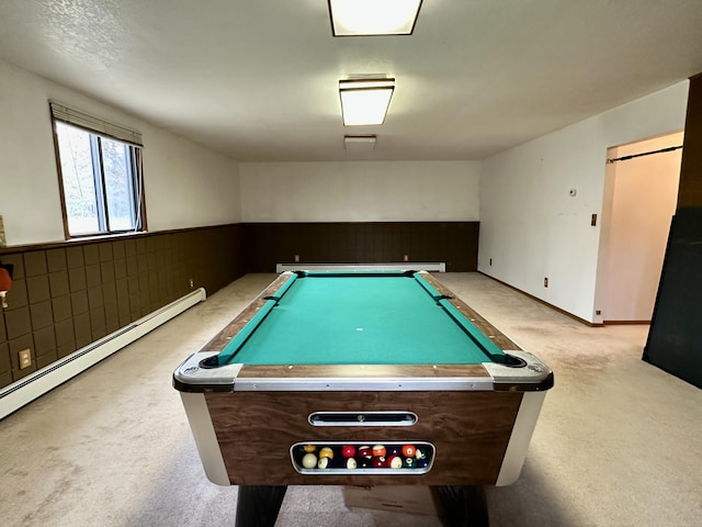 11030 S Stephan Bridge Rd, Roscommon, MI 48653 - game room with carpet floors, a baseboard heating unit, pool table, and wainscoting