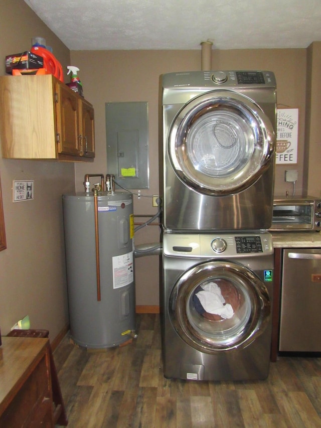 2020 Douglas Dr, Saint Helen, MI 48656 - washroom featuring electric water heater, stacked washer and clothes dryer, electric panel, cabinet space, and dark wood finished floors