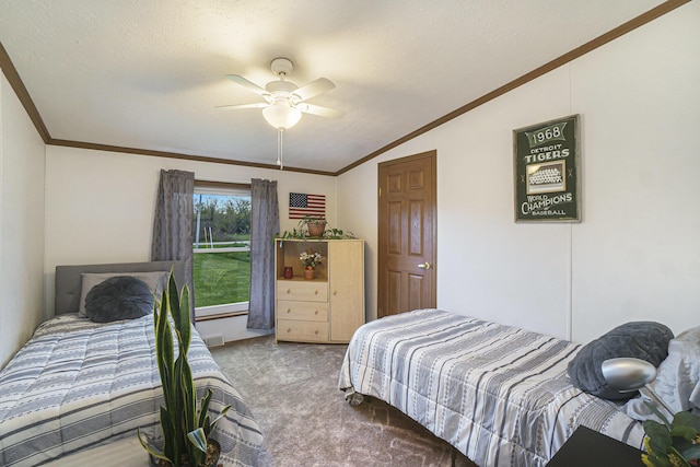 398 Vale St, Cheboygan, MI 49721 - carpeted bedroom with lofted ceiling, crown molding, and ceiling fan